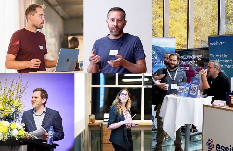 A photo collage: the ecoinvent team presenting at events in 2024.