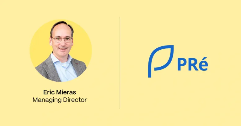 Portrait of Eric Mieras, Managing Director at PRé, with PRé logo on the right.