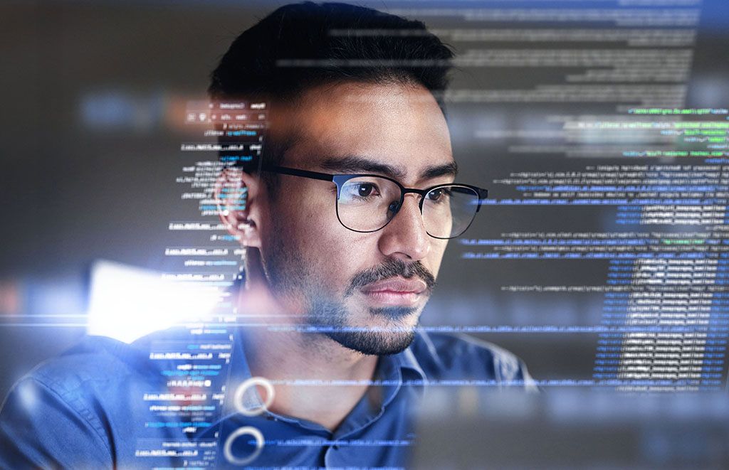 Homepage API graphic man looking at code